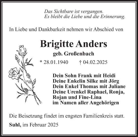 Traueranzeige von Brigitte Anders von Südthüringer Presse