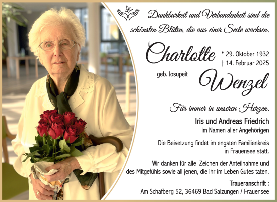 Traueranzeige von Charlotte Wenzel von Südthüringer Presse