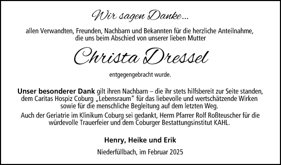 Traueranzeige von Christa Dressel von Neue Presse Coburg
