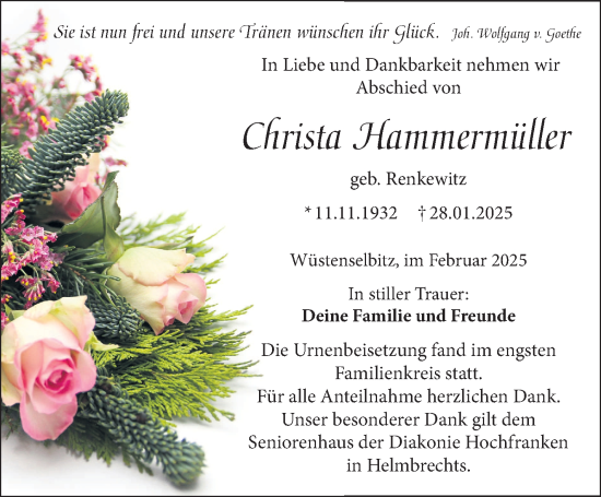 Traueranzeige von Christa Hammermüller von Frankenpost