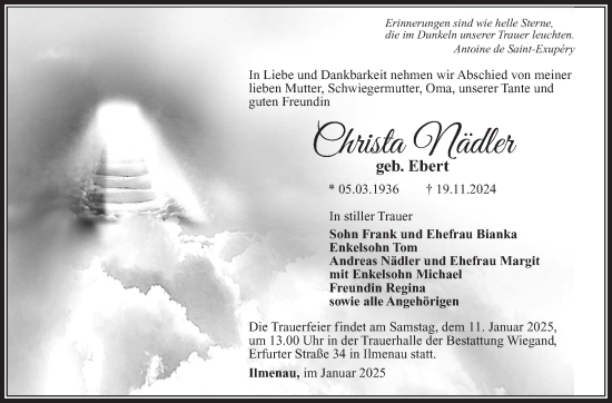 Traueranzeige von Christa Nädler von Südthüringer Presse