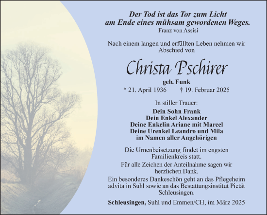 Traueranzeige von Christa Pschirer von Südthüringer Presse