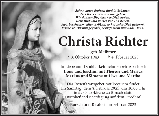 Traueranzeige von Christa Richter von Südthüringer Presse
