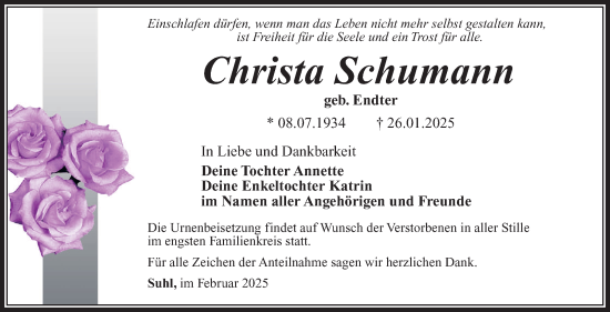 Traueranzeige von Christa Schumann von Südthüringer Presse