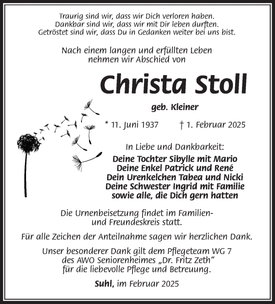 Traueranzeige von Christa Stoll von Südthüringer Presse