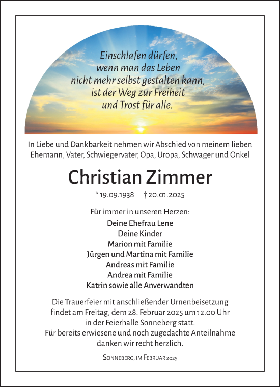 Traueranzeige von Christian Zimmer von Südthüringer Presse