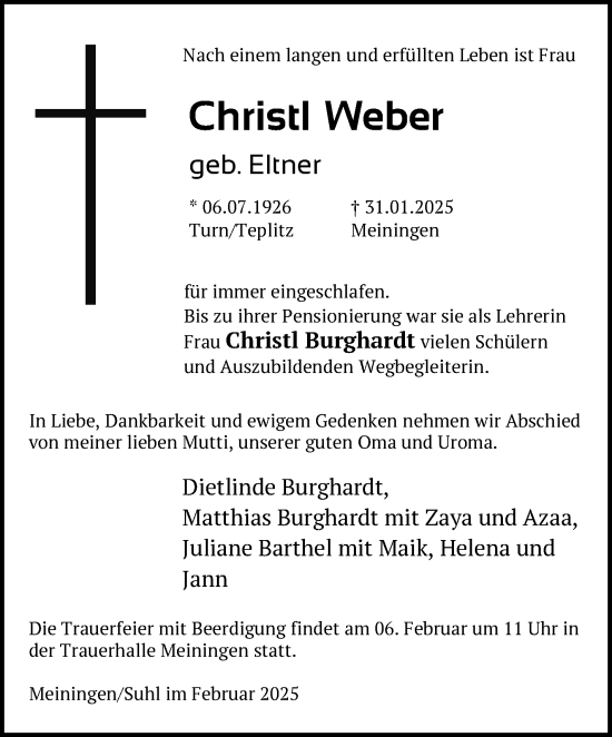 Traueranzeige von Christl Weber von Südthüringer Presse