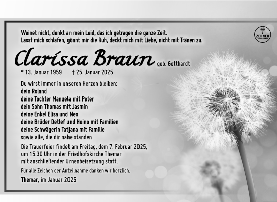 Traueranzeige von Clarissa Brawrt von Südthüringer Presse