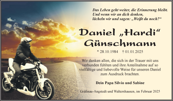 Traueranzeige von Daniel Günschmann von Südthüringer Presse