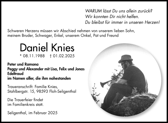 Traueranzeige von Daniel Knies von Südthüringer Presse