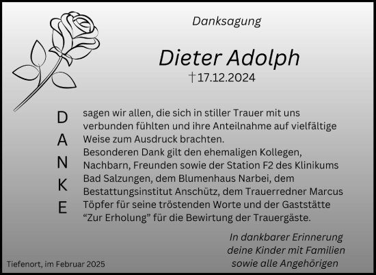 Traueranzeige von Dieter Adolph von Südthüringer Presse