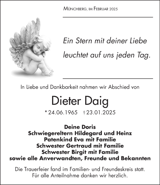 Traueranzeige von Dieter Daig von Frankenpost
