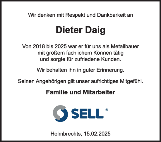 Traueranzeige von Dieter Daig von Frankenpost