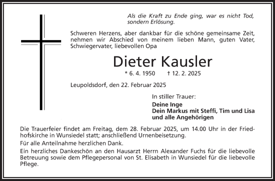 Traueranzeige von Dieter Kausler von Frankenpost