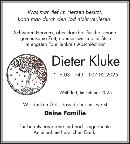 Traueranzeige von Dieter Kluke von Frankenpost