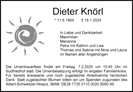 Traueranzeige von Dieter Knörl von Südthüringer Presse