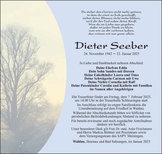 Traueranzeige von Dieter Seeber von Südthüringer Presse