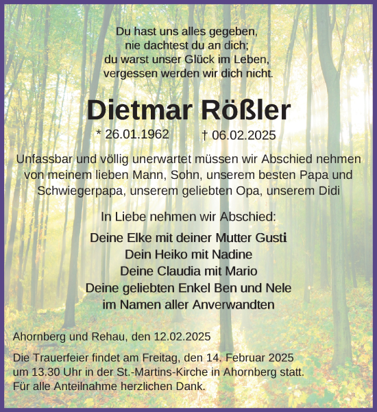 Traueranzeige von Dietmar Rößler von Frankenpost