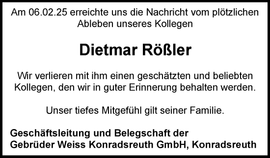 Traueranzeige von Dietmar Rößler von Frankenpost