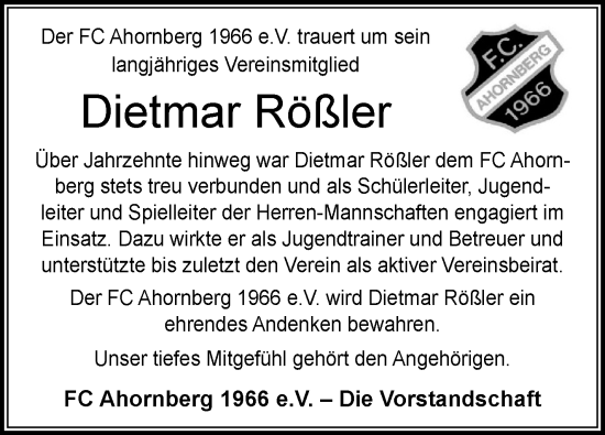 Traueranzeige von Dietmar Rößler von Frankenpost