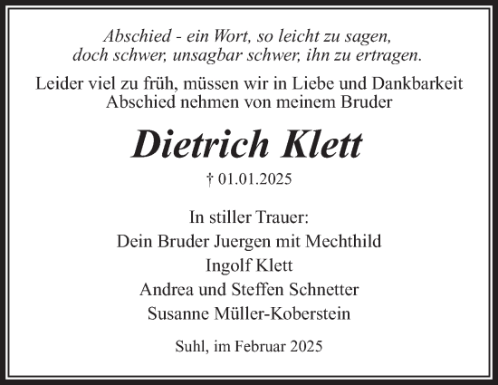 Traueranzeige von Dietrich Klett von Südthüringer Presse