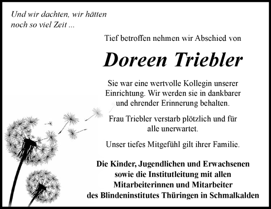 Traueranzeige von Doreen Triebler von Südthüringer Presse