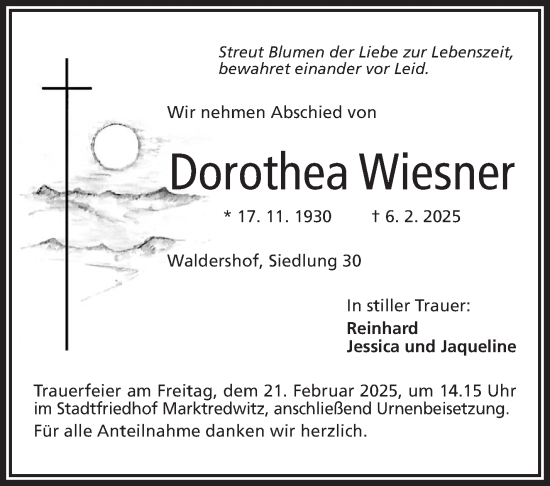 Traueranzeige von Dorothea Wiesner von Frankenpost