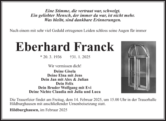 Traueranzeige von Eberhard Franck von Südthüringer Presse