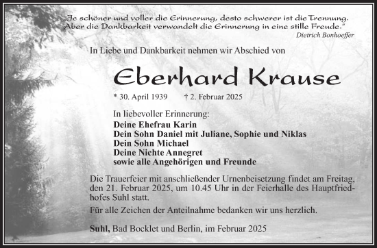 Traueranzeige von Eberhard Krause von Südthüringer Presse