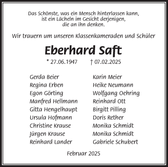Traueranzeige von Eberhard Saft von Südthüringer Presse