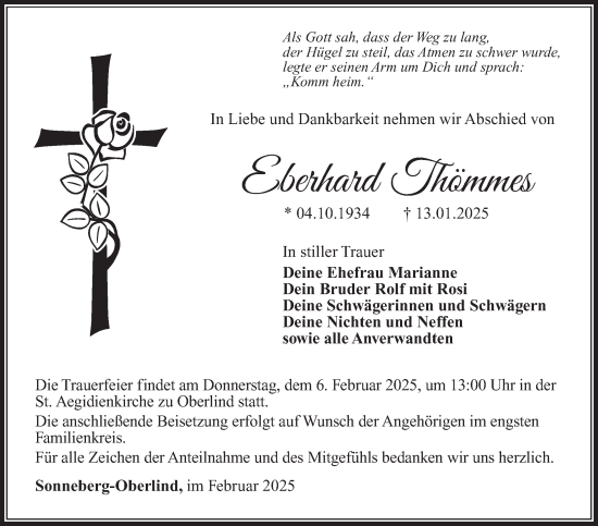 Traueranzeige von Eberhard Thömmes von Südthüringer Presse