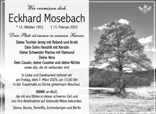 Traueranzeige von Eckhard Mosebach von Südthüringer Presse
