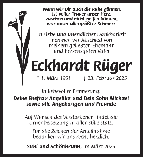 Traueranzeige von Eckhardt Rüger von Südthüringer Presse