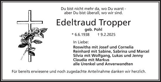 Traueranzeige von Edeltraud Tropper von Frankenpost