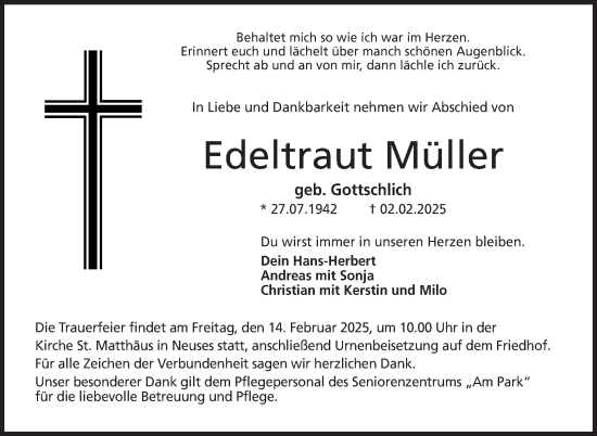 Traueranzeige von Edeltraut Müller von Neue Presse Coburg