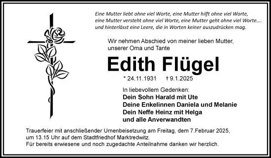 Traueranzeige von Edith Flügel von Frankenpost