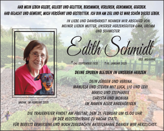 Traueranzeige von EdithEdith Schmidt von Südthüringer Presse