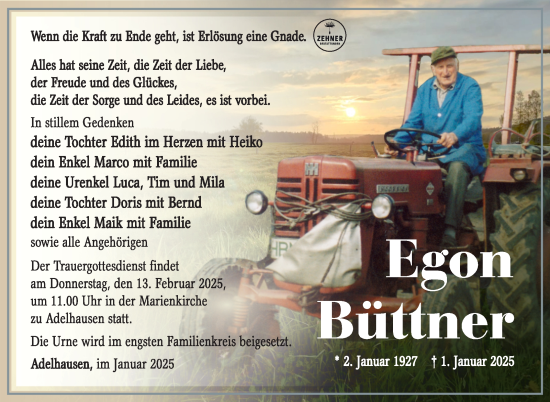 Traueranzeige von Egon Büttner von Südthüringer Presse
