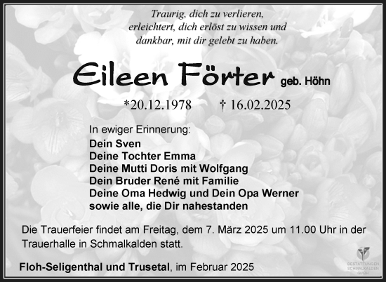 Traueranzeige von Eileen Förter von Südthüringer Presse