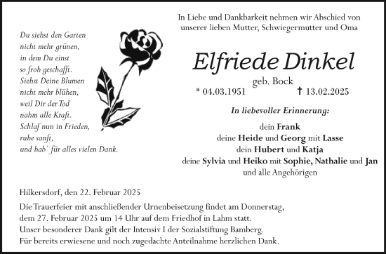 Traueranzeige von Elfriede Dinkel von Neue Presse Coburg