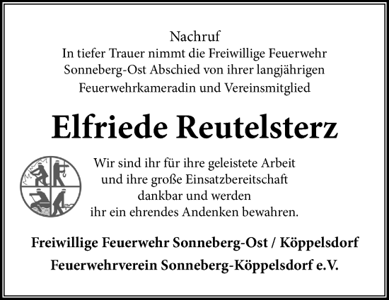 Traueranzeige von Elfriede Reutelsterz von Südthüringer Presse