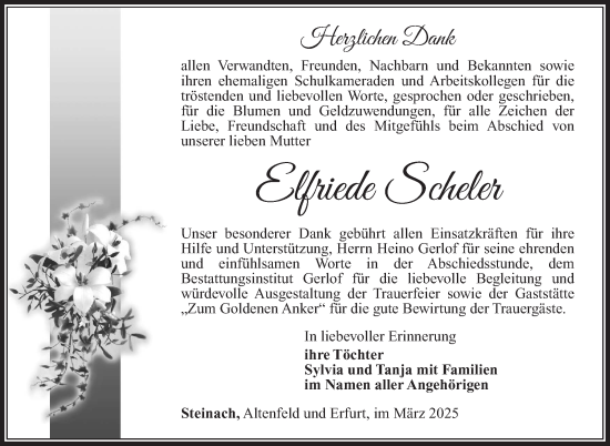 Traueranzeige von Elfriede Scheler von Südthüringer Presse