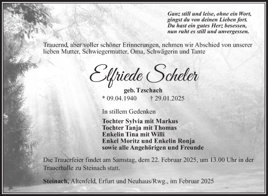 Traueranzeige von Elfriede Scheler von Südthüringer Presse