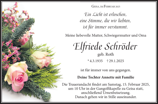 Traueranzeige von Elfriede Schröder von Südthüringer Presse