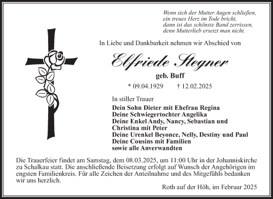Traueranzeige von Elfriede Stegner von Südthüringer Presse