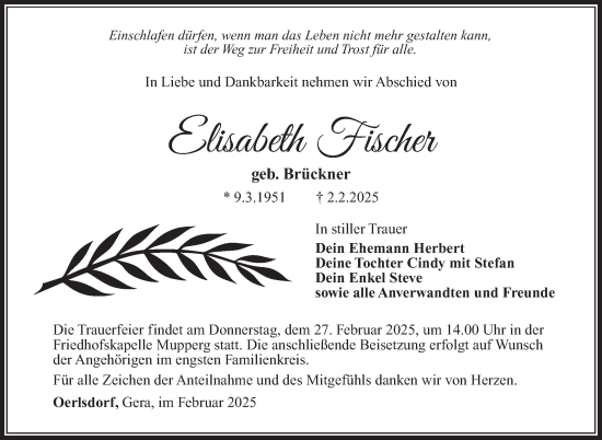Traueranzeige von Elisabeth Fischer von Südthüringer Presse