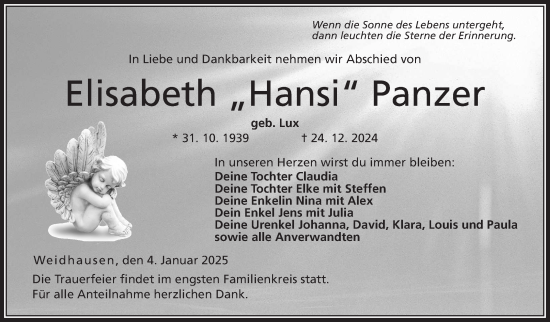 Traueranzeige von Elisabeth Panzer von Neue Presse Coburg