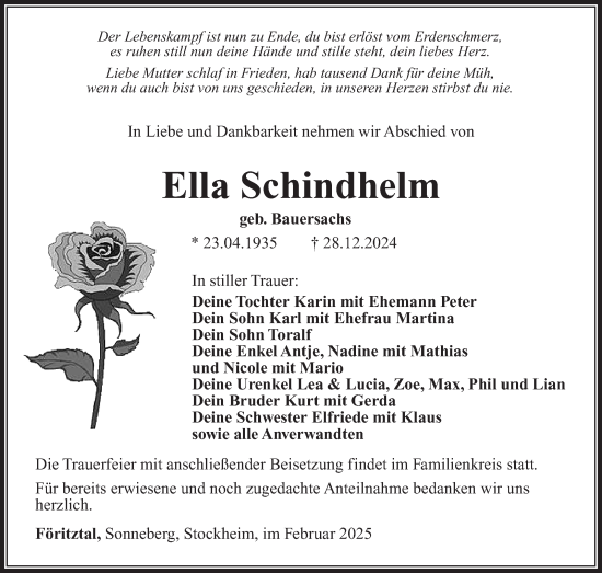 Traueranzeige von Ella Schindhelm von Südthüringer Presse