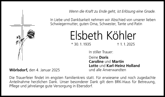 Traueranzeige von Elsbeth Köhler von Neue Presse Coburg