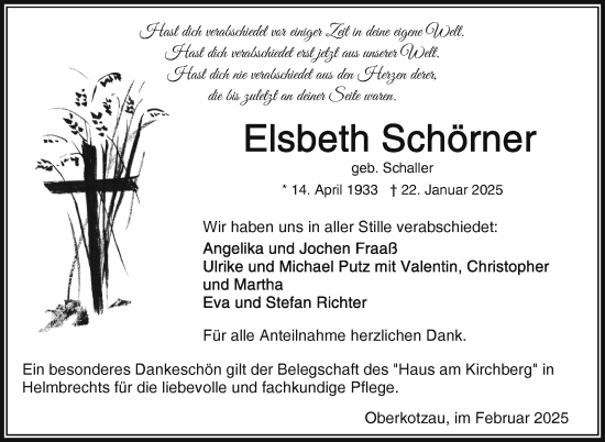 Traueranzeige von Elsbeth Schörner von Frankenpost